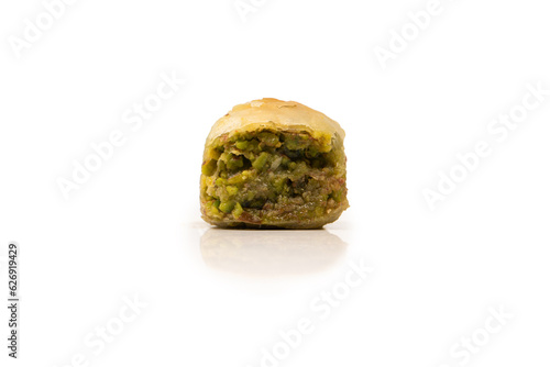 Turkish pistachio baklava isolated on white background.