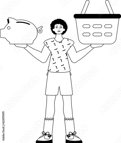 The derision is holding a piggy bank and a stigmatize handcart . sum dark and washcloth analogue vogue. Trendy style, Vector Illustration