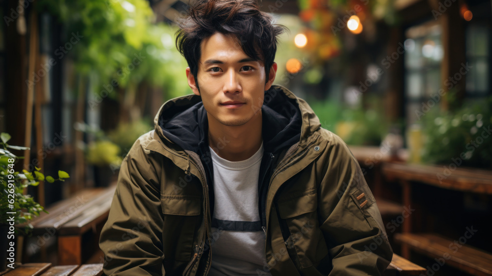 Young handsome asian man in casual wear sitting in outdoor cafe, lifestyle people concept. Young handsome asian man in casual wear sitting in outdoor cafe, lifestyle people concept.