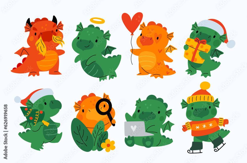 Obraz premium Cartoon dragons characters. Baby mythical animals. Cute New Year mascot. Dinos with gifts in sweaters or hats. Chinese horoscope symbol. Asian animal skiing or searching. Garish vector set