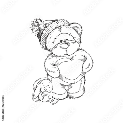 Teddy bear with toy bunny, ink or pencil sketch vector illustration isolated.