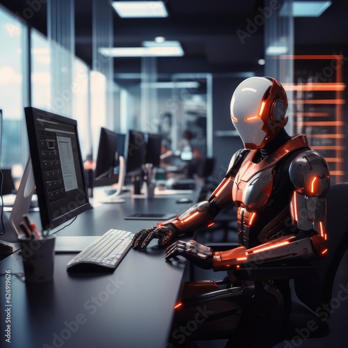 A robot works at a computer in an office