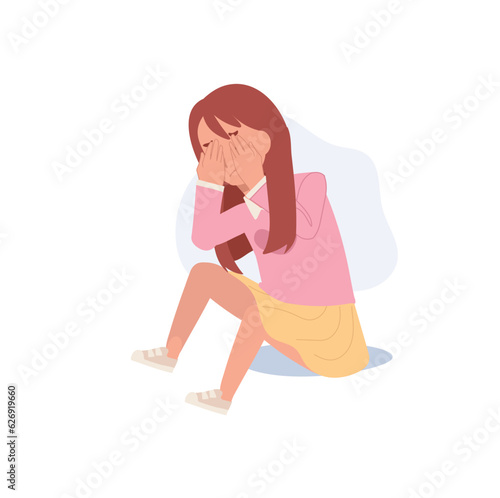 Young Depression and Solitude concept.  Moody Portrait of a Depressed Young Child. Flat vector cartoon illustration