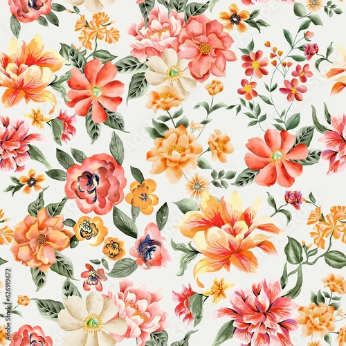 Watercolor flowers pattern, red and yellow tropical elements, green leaves, white background, seamless
