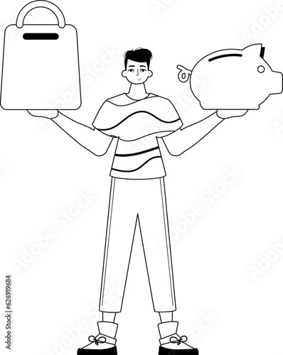 The derision is holding a piglet trust and a stigmatize handcart . sum dark and washcloth analogue vogue. Trendy style, Vector Illustration