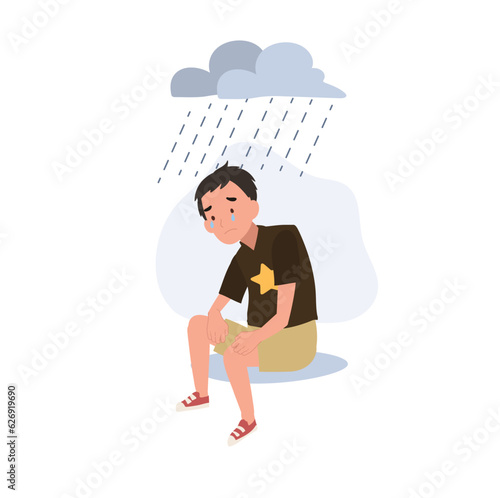 Young Depression and Solitude concept.  Moody Portrait of a Depressed Young Child. Flat vector cartoon illustration