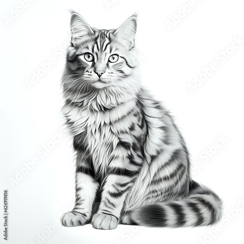 a highly detailed pencil drawing of a cat full body no background with subtle shadow grayscale