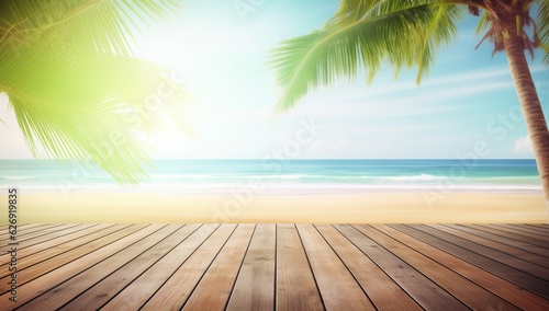 Wooden deck background with beach palm trees and sunshine tropical paradise