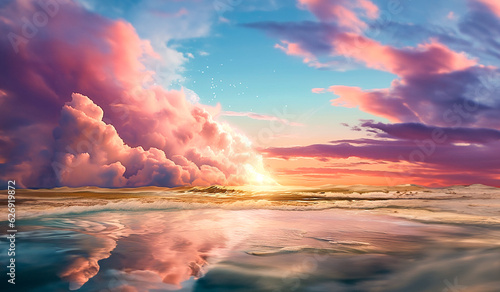 A breathtaking sunset casts a fantasy glow over the expansive sea, weaving a tapestry of vibrant colors in the sky, generative ai.