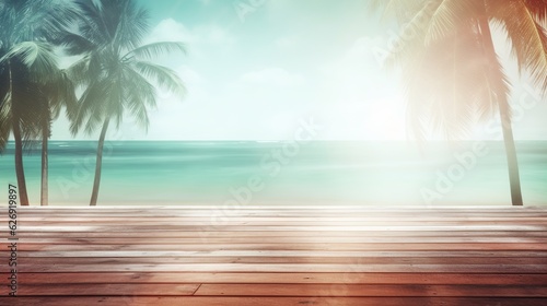 Wooden deck background with beach palm trees and sunshine tropical paradise