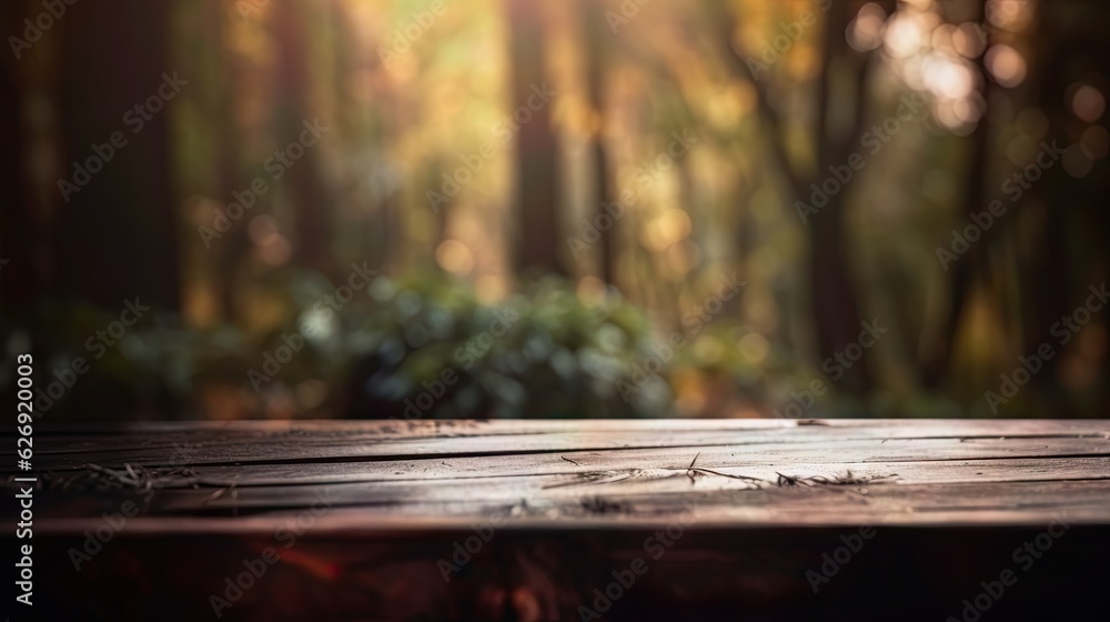 Wooden table with blurred background in a lush forest late afternoon light or sunset, natural relaxation