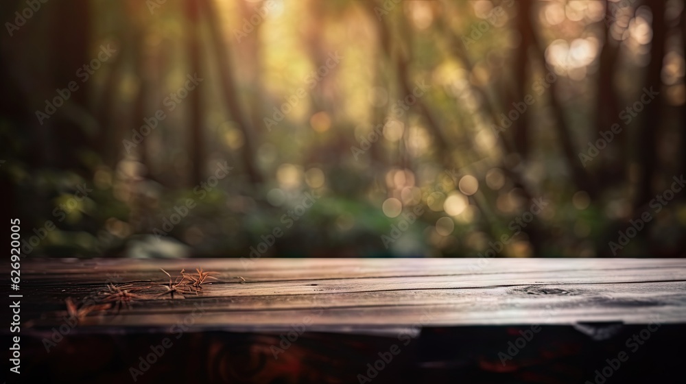 Fototapeta premium Wooden table with blurred background in a lush forest late afternoon light or sunset, natural relaxation