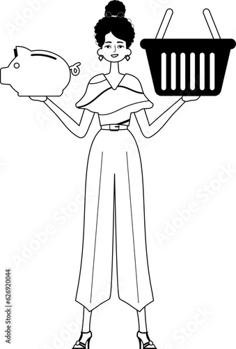 The daughter is holding a hoggish glut partake save bank and a stigmatize handcart . bootleg and white analogue stylus. Trendy style, Vector Illustration