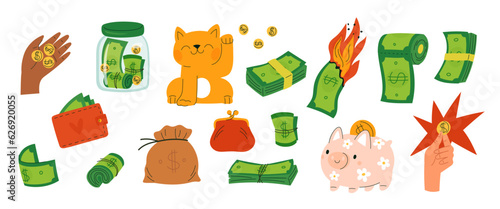Cartoon money. Green banknotes and golden coins. Currency paper. Dollars and cents. Piggy bank. Wallet and maneki neko. Economy prosperity. Savings and investment. Garish vector set