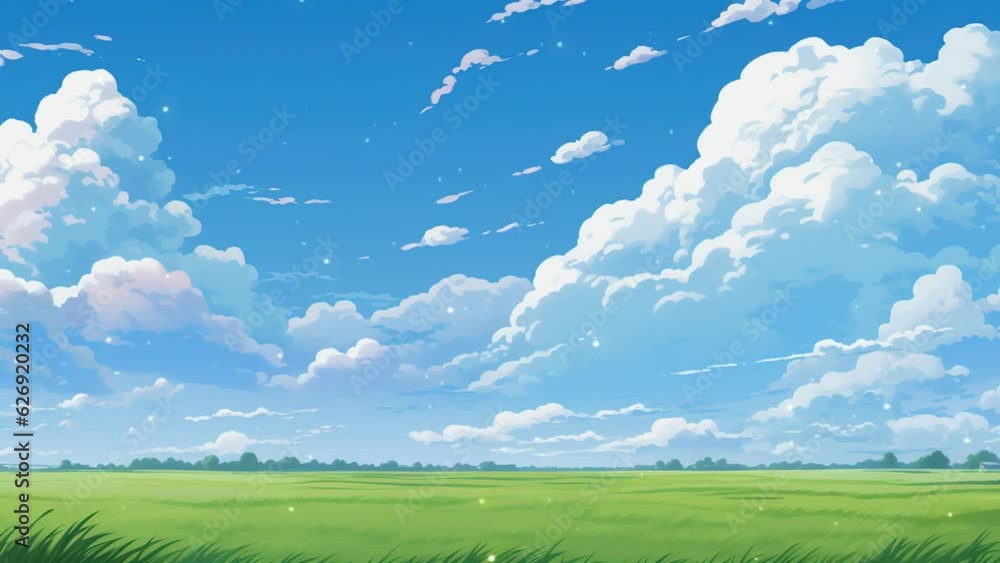 Beautiful landscape with clouds and sky. Cartoon or anime watercolor painting illustration style. seamless looping virtual vertical video animation background.