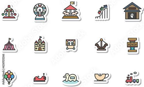 ステッカー風遊園地のシンプルイラストアイコンセット（背景なし）