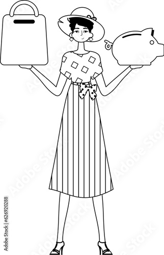 The daughter is holding a hoggish deluge partake save bank and a stigmatize handcart . bootleg and white analogue stylus. Trendy style, Vector Illustration