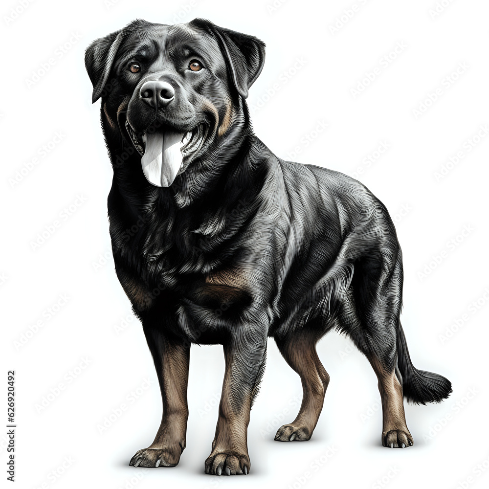 a highly detailed pencil drawing of a Rottweiler dog full body no background with subtle shadow 
