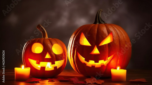 Orange pumpkin carved into creepy and funny Jack o Lantern w/ glowing eyes on dark background
