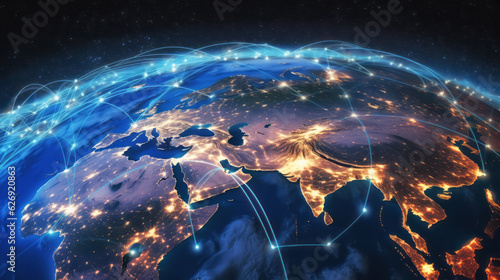 Planet Earth at night seen from space showing Asia, Europe, Northern Africa and the Middle East connected to the rest of the world, global community concept illustration.