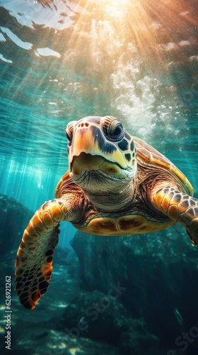 sea turtle with a group of colorful fish and colorful corals underwater in the ocean  underwater world in the ocean.