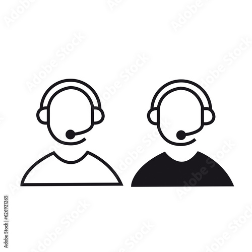Dos personas con auriculares de teléfono sobre un fondo blanco liso y aislado. Vista de frente y de cerca. Copy space photo