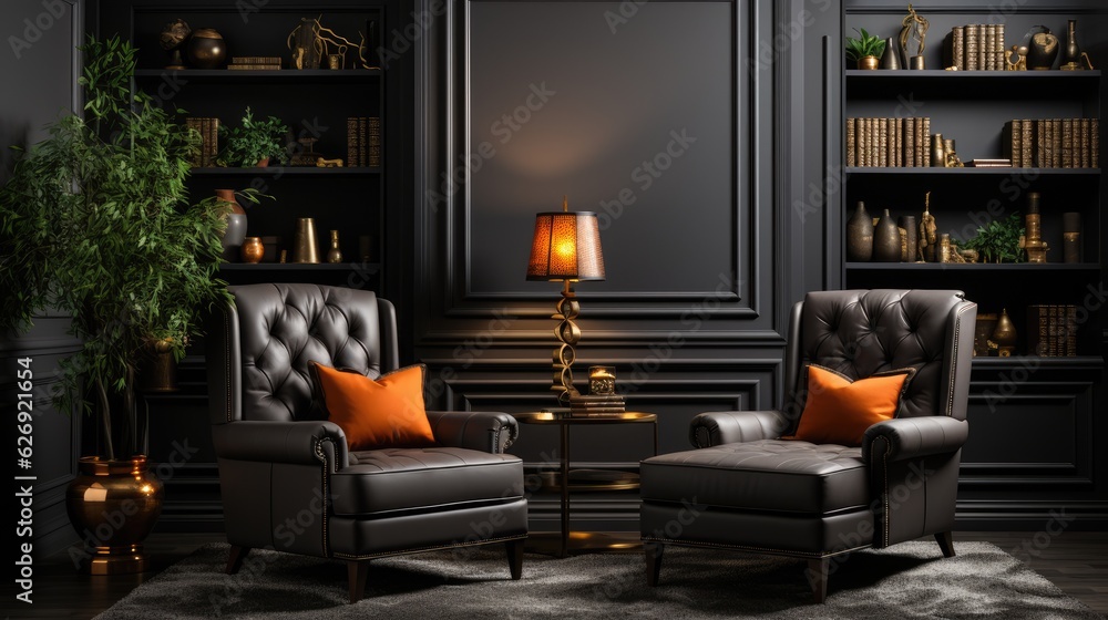 Modern interior design for home, office, interior details, upholstered furniture against the background of a dark classic wall. AI Generative Modern interior design for home, office, interior details, upholstered furniture against the background of a dark classic wall. AI Generative