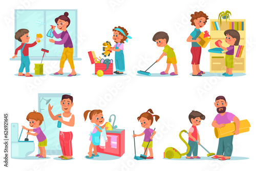 Family housework. Cute children help their parents clean up home. Mom and son cleaning windows. Dad and son vacuuming. Baby folding toys. Housekeeper activities. Splendid vector set