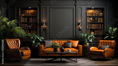 Modern interior design for home, office, interior details, upholstered furniture against the background of a dark classic wall. AI Generative © ND STOCK