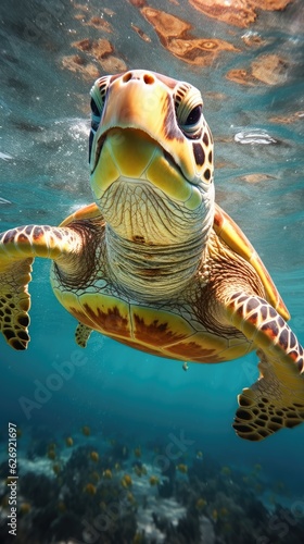 sea turtle with a group of colorful fish and colorful corals underwater in the ocean, underwater world in the ocean.