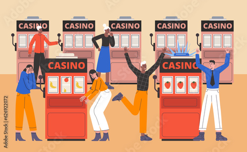 Game room with slot machines. Casino visitors. Gambling fortune process. Happy winners and crying losers. People play gambles. Addicted entertainment. Jackpot winning. Vector concept