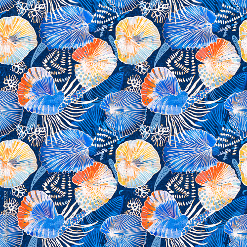  Seamless blue red underwater shell clam repeat background. Tropical modern seashell coastal pattern clash fabric coral reef print for summer beach textile designs with a linen cotton effect.