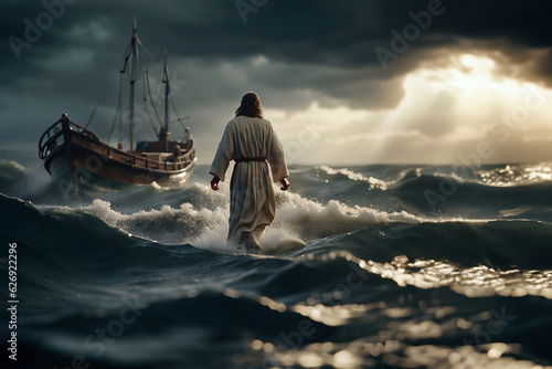 Realistic picture of Jesus walking on water in storm, created with Generative AI technology © Snap2Art