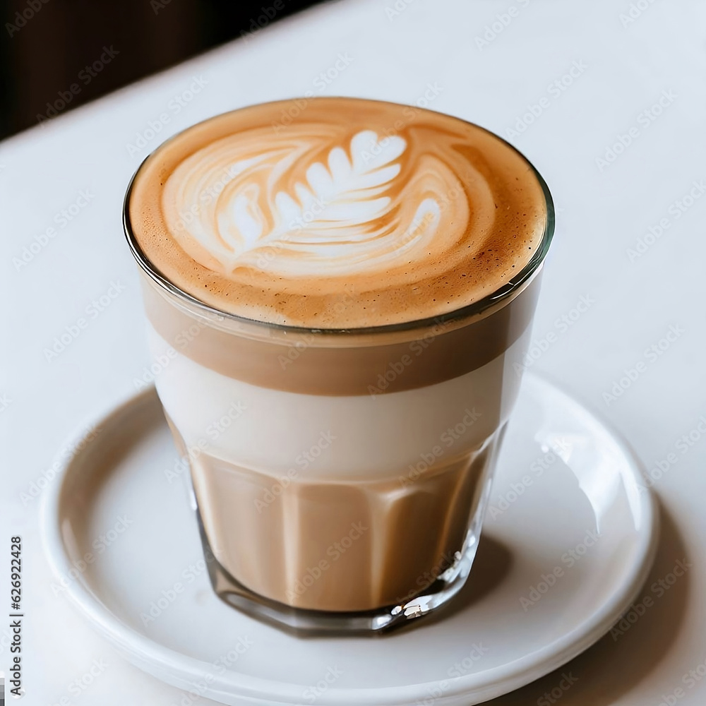 Feshly brewed latte coffee on a white table, a coffee drink made with espresso and steamed milk Feshly brewed latte coffee on a white table, a coffee drink made with espresso and steamed milk