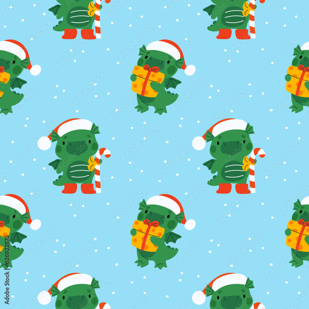 Little New Year dragons seamless pattern. Cartoon funny mascots with gifts in Santa hats. Chinese horoscope symbol. Cute dino. Present box and Christmas candy. Garish vector background Little New Year dragons seamless pattern. Cartoon funny mascots with gifts in Santa hats. Chinese horoscope symbol. Cute dino. Present box and Christmas candy. Garish vector background