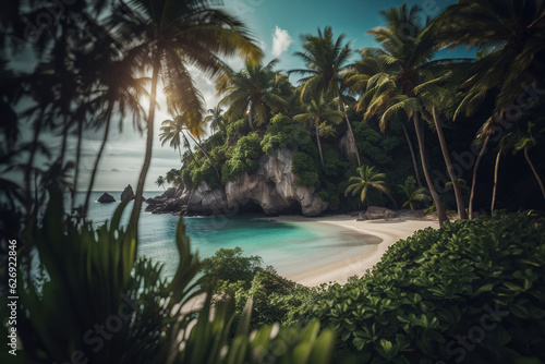 Picturesque enchanting secluded island beach, created with Generative AI technology © Snap2Art