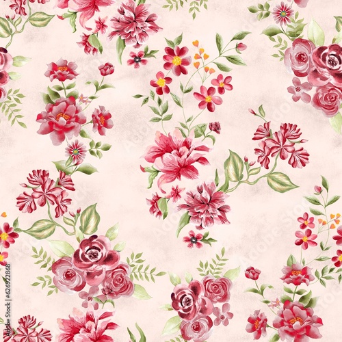 Watercolor flowers pattern, red tropical elements, green leaves, pink background, seamless