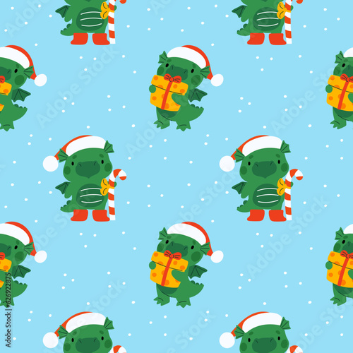Little New Year dragons seamless pattern. Cartoon funny mascots with gifts in Santa hats. Chinese horoscope symbol. Cute dino. Present box and Christmas candy. Garish vector background