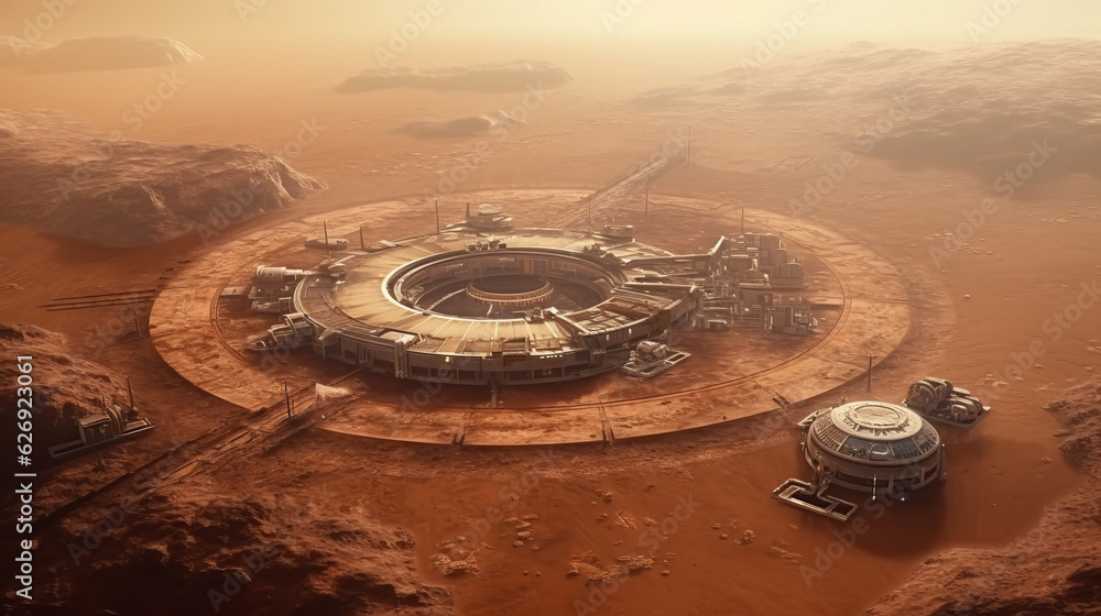 Aerial view illustration of a human base on planet Mars