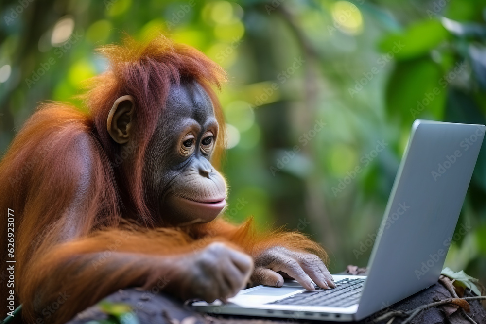 Fototapeta premium Smart Orangutan ape working on a laptop computer
