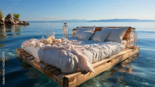 Fototapeta Naklejka Na Ścianę i Meble -  Double bed floating in middle of water, elegant bed linen, blue tropical sea all around , vacations or honeymoon concept