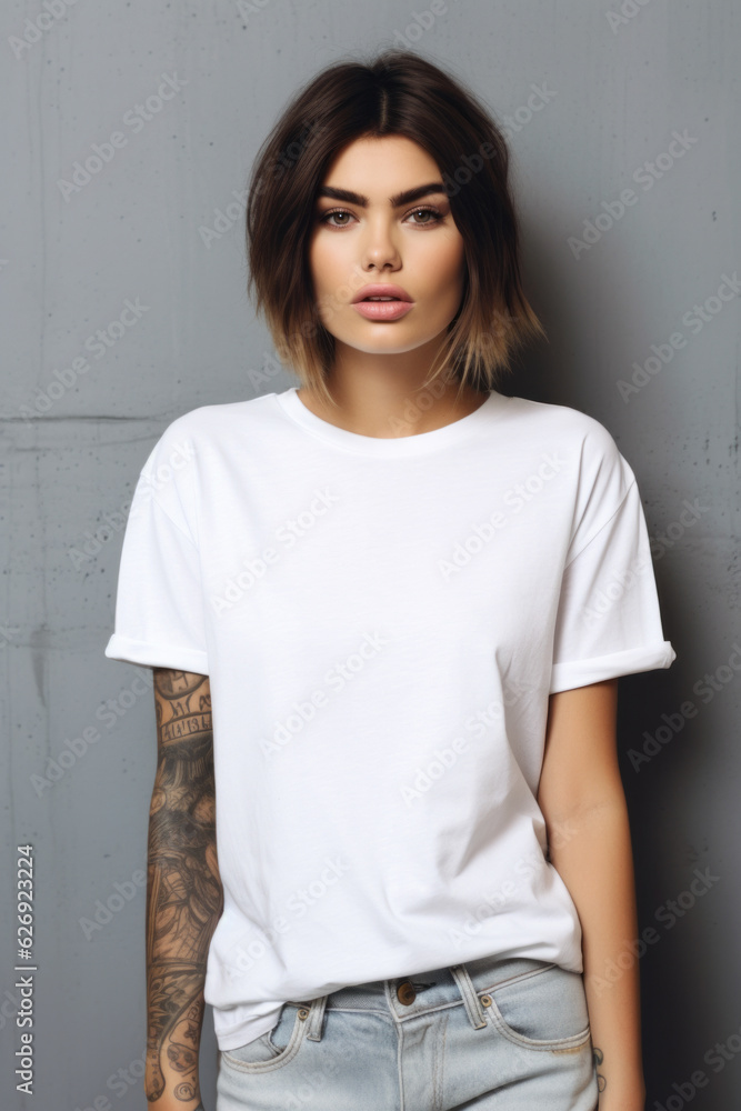 Oversize white style t-shirt mockup photo with beautiful girl with tattoos and light concrete background Oversize white style t-shirt mockup photo with beautiful girl with tattoos and light concrete background