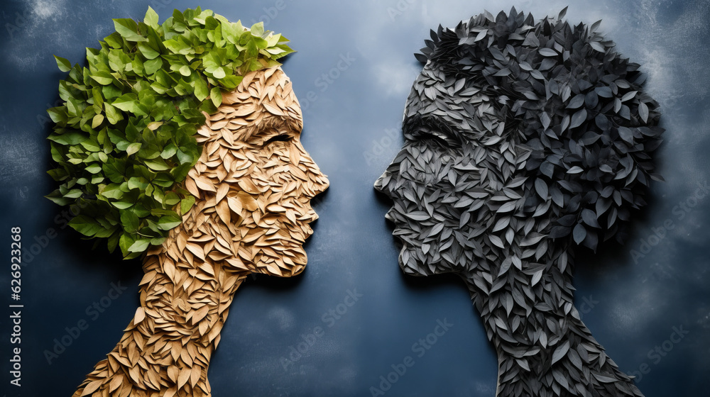 Heads covered with eco leaves representing ecological mindset concept