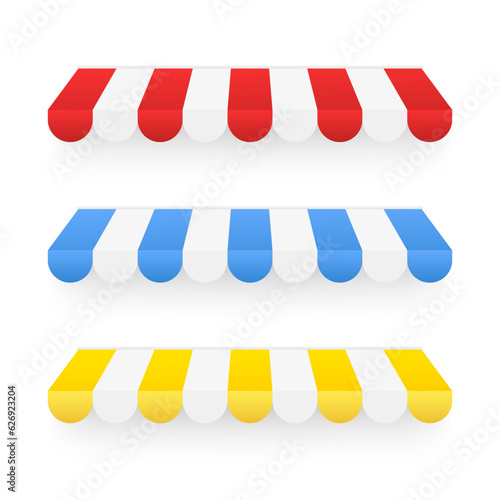 Red, yellow, blue shop sunshade isolated on white background. Realistic striped cafe awning. Outdoor market tent. Roof canopy. Summer street store. Design Elements Set. Vector illustration