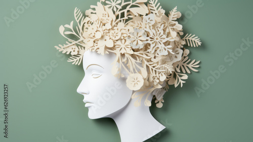 Head covered with eco leaves representing ecological mindset concept