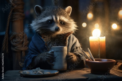 Cute raccon is indoors sitting with cup of drink. Beautiful illustration picture. Generative AI