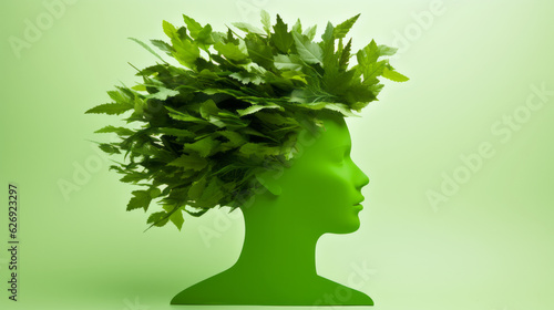 Head covered with eco green leaves representing ecological mindset concept