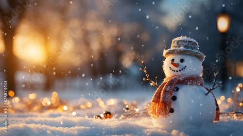 Winter holiday christmas background banner with cute funny laughing snowman with wool hat and scarf, on snowy snow snowscape and bokeh light