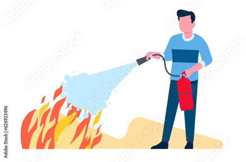 Man uses fire extinguisher to put out burning flame. Ignition protection. Guy spraying foam from nozzle with hose. Equipment for firefighting. Combustion extinguishing. Vector concept