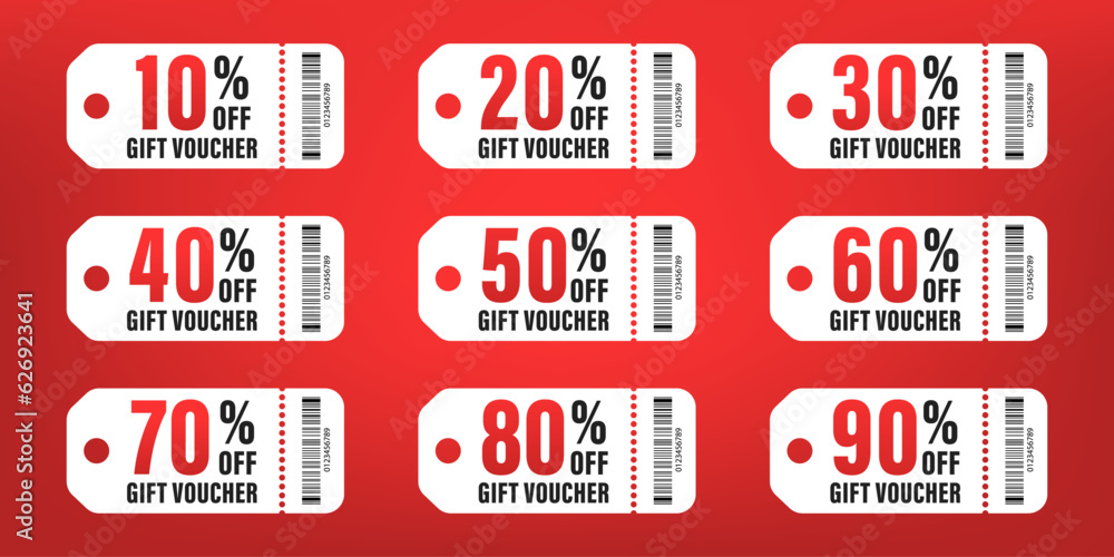 Coupon promotion sale for website, internet ads, social media. Big sale, coupon gift voucher. Set of Coupon 10%, 15%, 20%, 25%, 30%, 35%, 40%, 50%, 60%, 70%, 80% and 90% Discounts. Vector illustration Coupon promotion sale for website, internet ads, social media. Big sale, coupon gift voucher. Set of Coupon 10%, 15%, 20%, 25%, 30%, 35%, 40%, 50%, 60%, 70%, 80% and 90% Discounts. Vector illustration